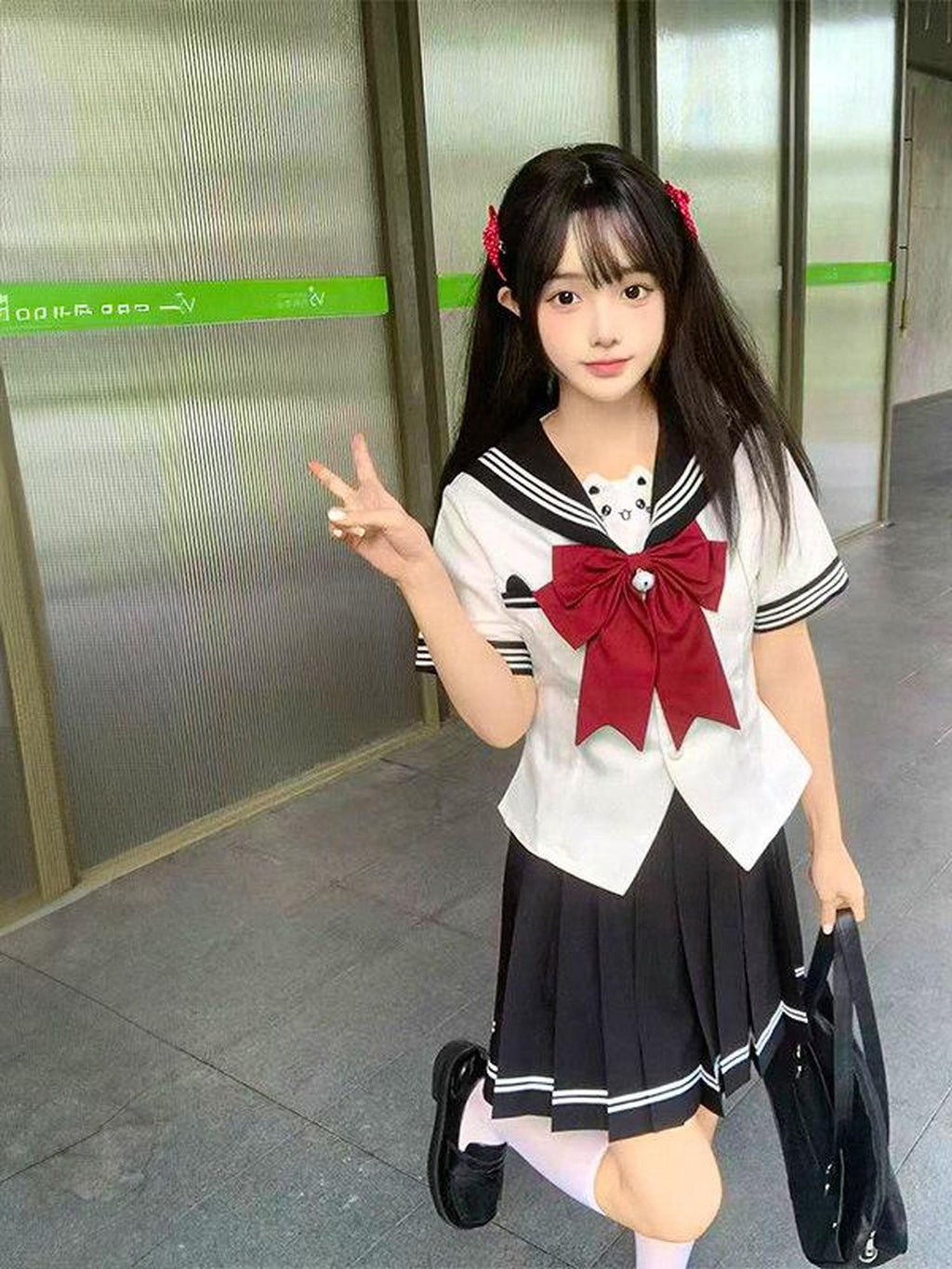 Sweet Kawaii JK Cute Sailor Short Sleeve Slim Fit Lapel School Women's Polyester Skirt Sets