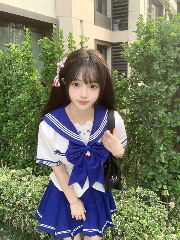 Sweet Kawaii JK Cute Sailor Short Sleeve Slim Fit Lapel School Women's Polyester Skirt Sets
