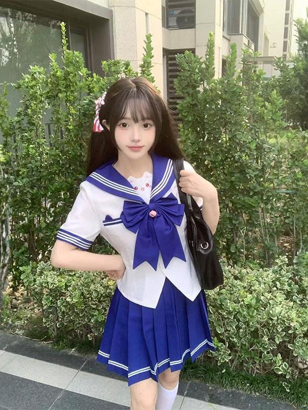 Sweet Kawaii JK Cute Sailor Short Sleeve Slim Fit Lapel School Women's Polyester Skirt Sets