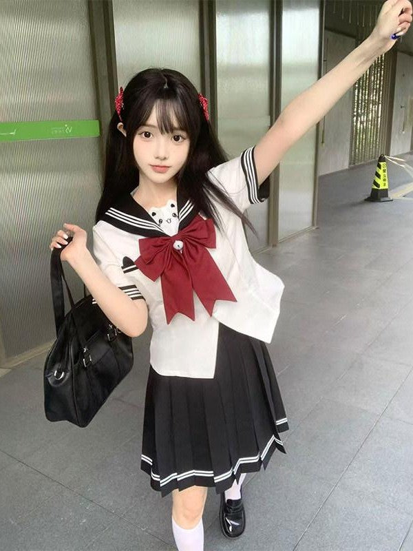 Sweet Kawaii JK Cute Sailor Short Sleeve Slim Fit Lapel School Women's Polyester Skirt Sets