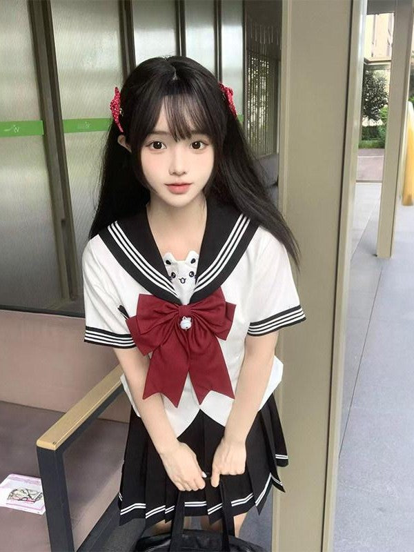 Sweet Kawaii JK Cute Sailor Short Sleeve Slim Fit Lapel School Women's Polyester Skirt Sets