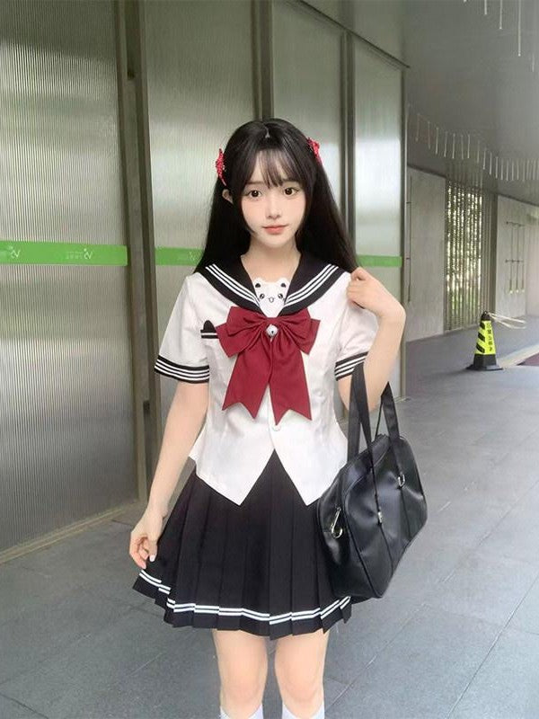 Sweet Kawaii JK Cute Sailor Short Sleeve Slim Fit Lapel School Women's Polyester Skirt Sets