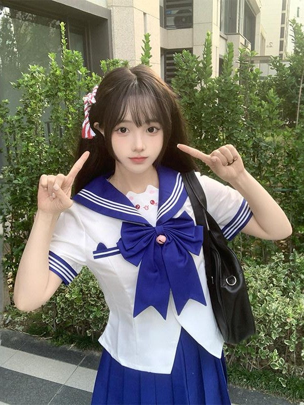 Sweet Kawaii JK Cute Sailor Short Sleeve Slim Fit Lapel School Women's Polyester Skirt Sets