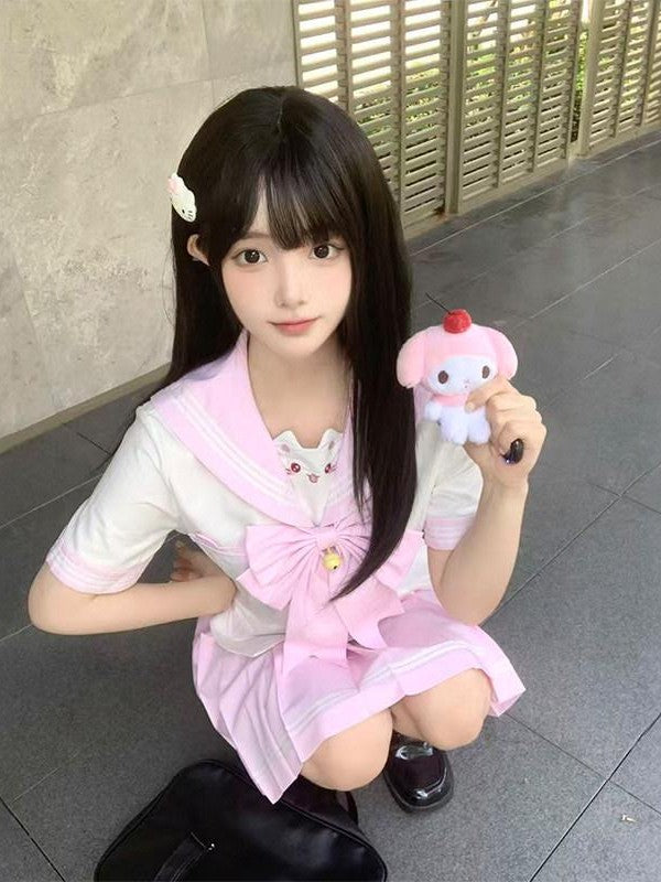 Sweet Kawaii JK Cute Sailor Short Sleeve Slim Fit Lapel School Women's Polyester Skirt Sets