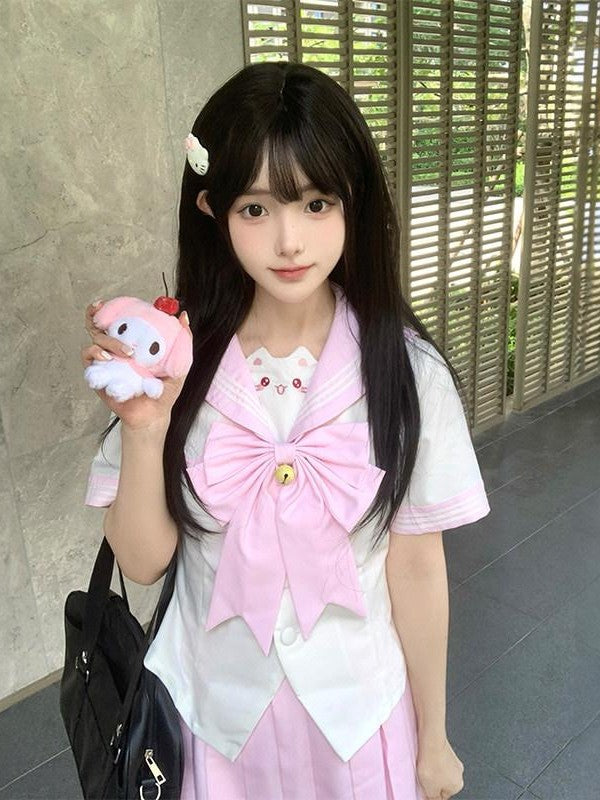 Sweet Kawaii JK Cute Sailor Short Sleeve Slim Fit Lapel School Women's Polyester Skirt Sets