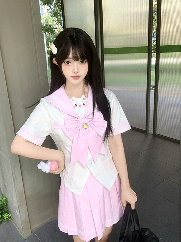 Sweet Kawaii JK Cute Sailor Short Sleeve Slim Fit Lapel School Women's Polyester Skirt Sets