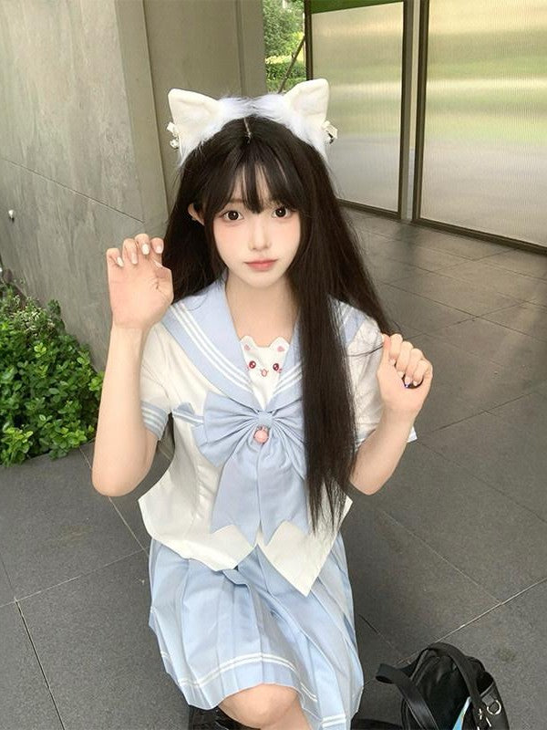 Sweet Kawaii JK Cute Sailor Short Sleeve Slim Fit Lapel School Women's Polyester Skirt Sets