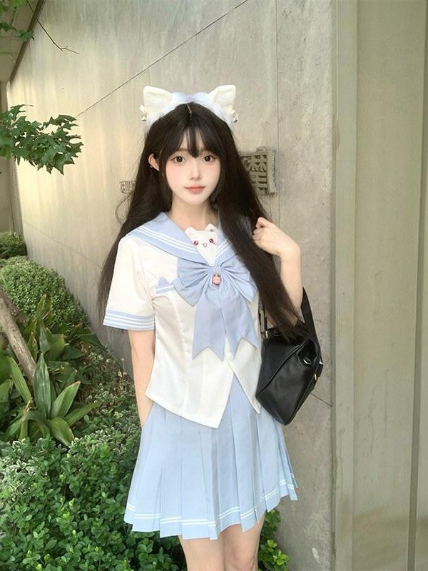 Sweet Kawaii JK Cute Sailor Short Sleeve Slim Fit Lapel School Women's Polyester Skirt Sets