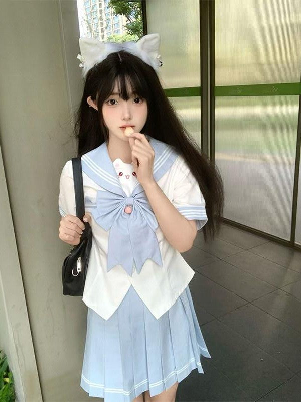 Sweet Kawaii JK Cute Sailor Short Sleeve Slim Fit Lapel School Women's Polyester Skirt Sets