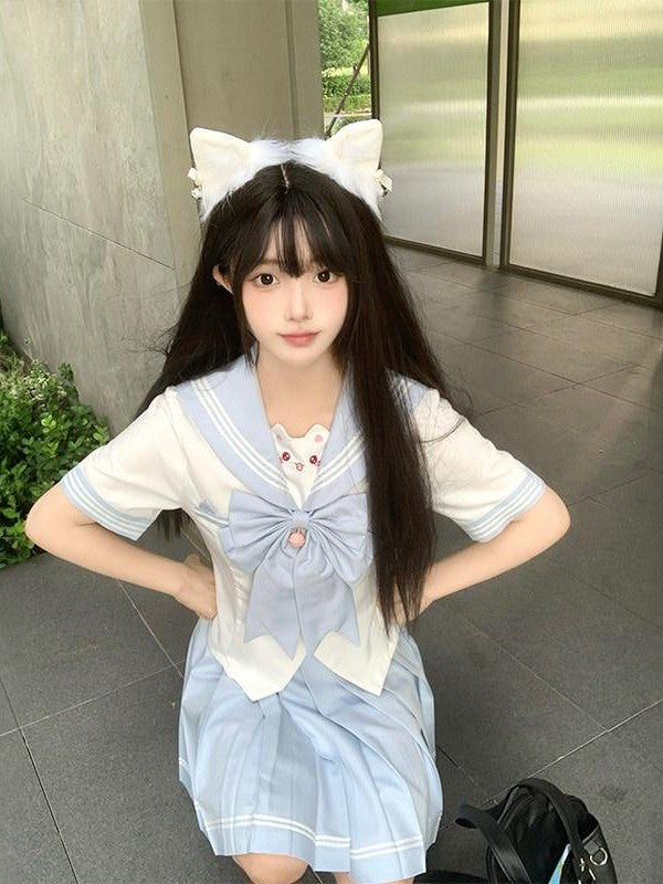 Sweet Kawaii JK Cute Sailor Short Sleeve Slim Fit Lapel School Women's Polyester Skirt Sets