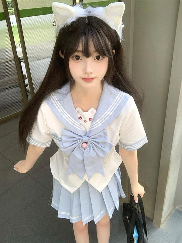 Sweet Kawaii JK Cute Sailor Short Sleeve Slim Fit Lapel School Women's Polyester Skirt Sets