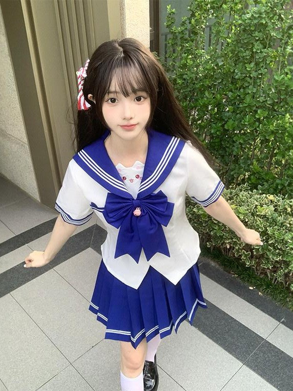 Sweet Kawaii JK Cute Sailor Short Sleeve Slim Fit Lapel School Women's Polyester Skirt Sets