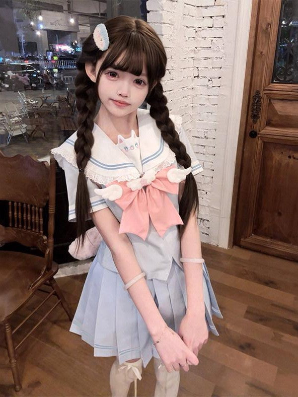Sweet Kawaii JK Cute Waist Cinched Pleated Sailor Lapel Women's Polyester Skirt Sets