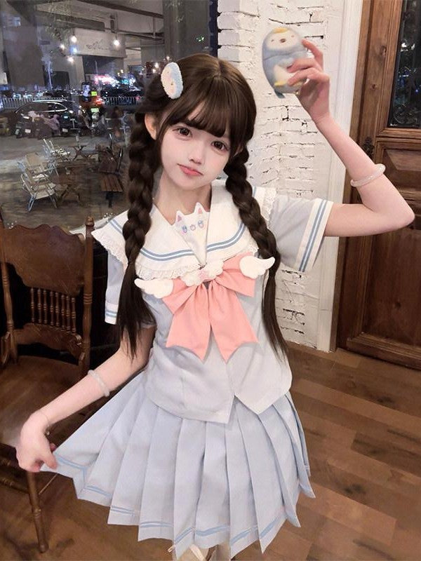 Sweet Kawaii JK Cute Waist Cinched Pleated Sailor Lapel Women's Polyester Skirt Sets