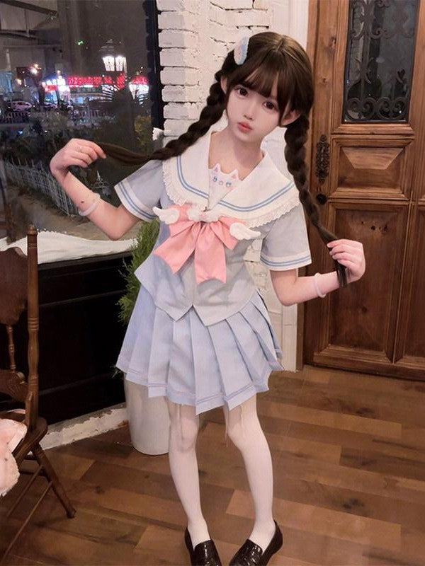 Sweet Kawaii JK Cute Waist Cinched Pleated Sailor Lapel Women's Polyester Skirt Sets