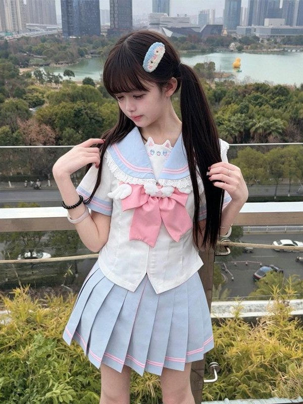 Sweet Kawaii JK Cute Waist Cinched Pleated Sailor Lapel Women's Polyester Skirt Sets