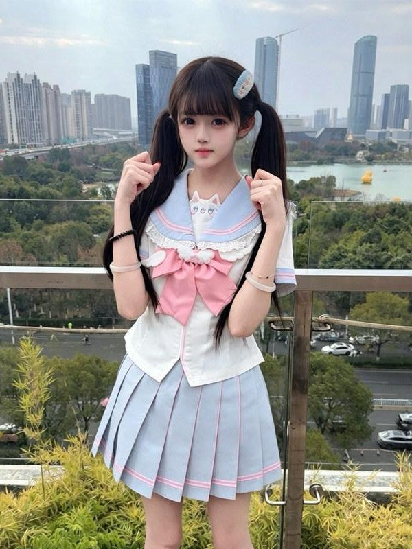 Sweet Kawaii JK Cute Waist Cinched Pleated Sailor Lapel Women's Polyester Skirt Sets