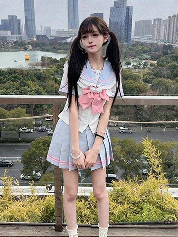 Sweet Kawaii JK Cute Waist Cinched Pleated Sailor Lapel Women's Polyester Skirt Sets