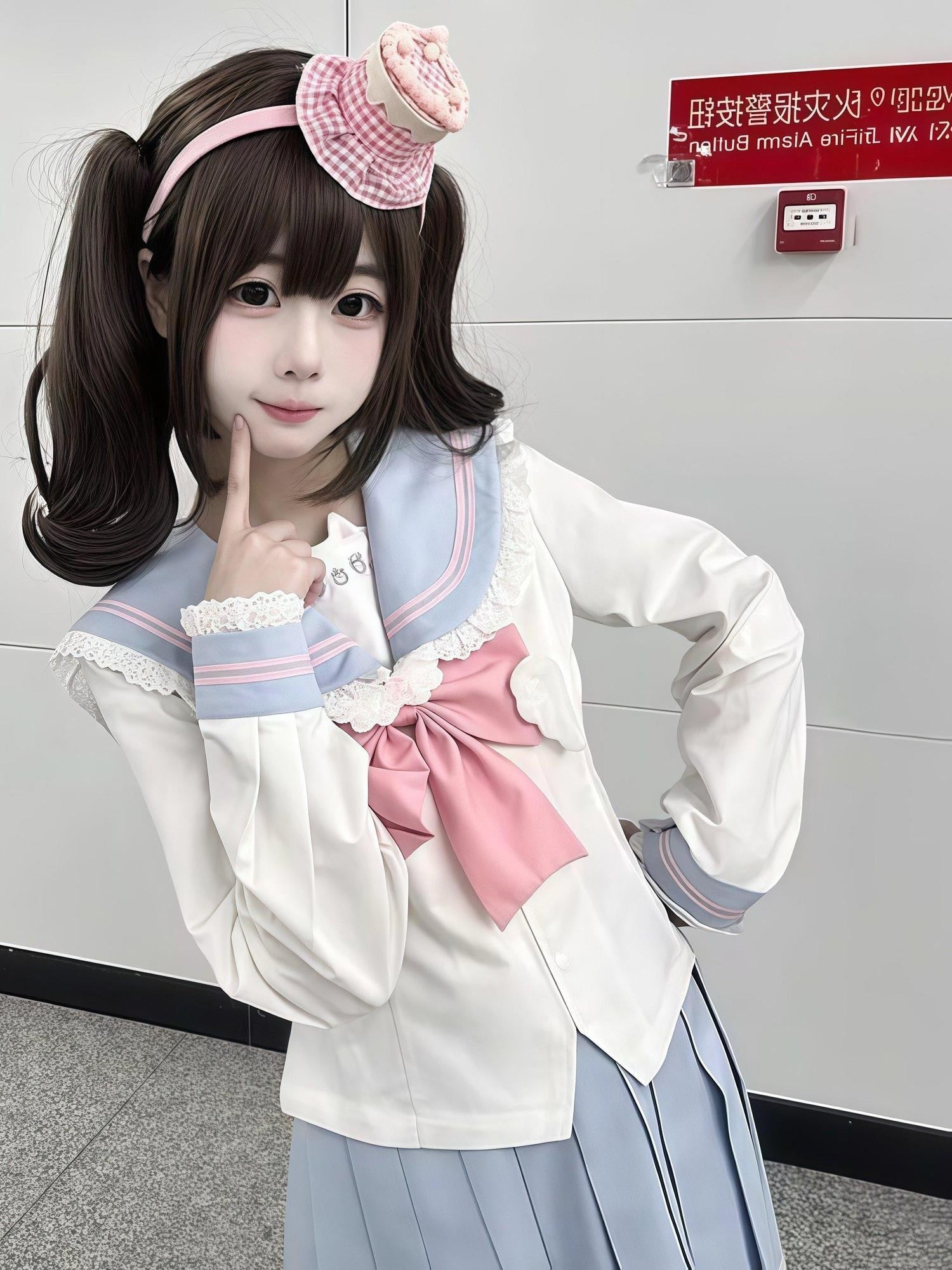 Sweet Kawaii JK Cute Waist Cinched Sailor Pleated Bow Collar Women's Polyester Skirt Sets