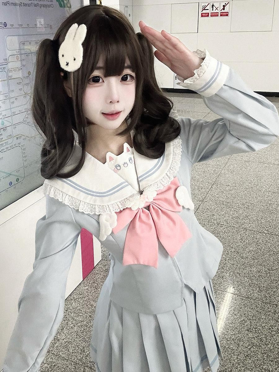 Sweet Kawaii JK Cute Waist Cinched Sailor Pleated Bow Collar Women's Polyester Skirt Sets