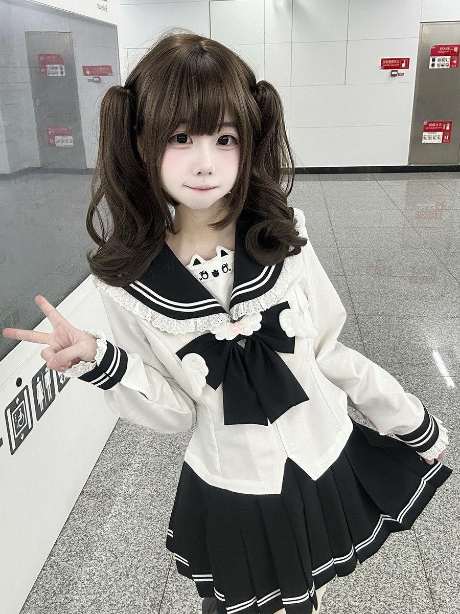 Sweet Kawaii JK Cute Waist Cinched Sailor Pleated Bow Collar Women's Polyester Skirt Sets