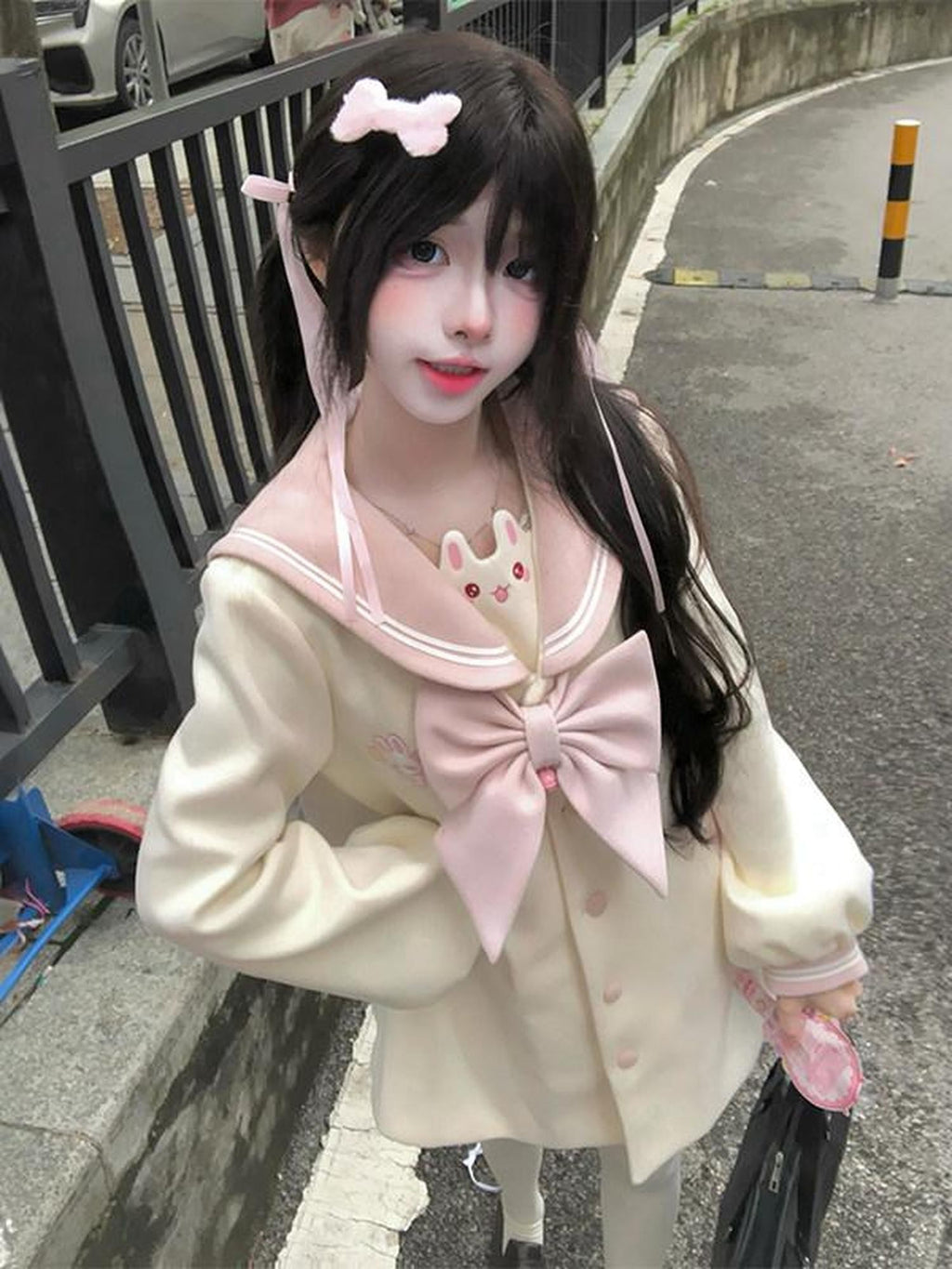 Sweet Kawaii JK Embroidered Bell Bow Rabbit Tail Jk Thickened Loose Women's Polyester Coats