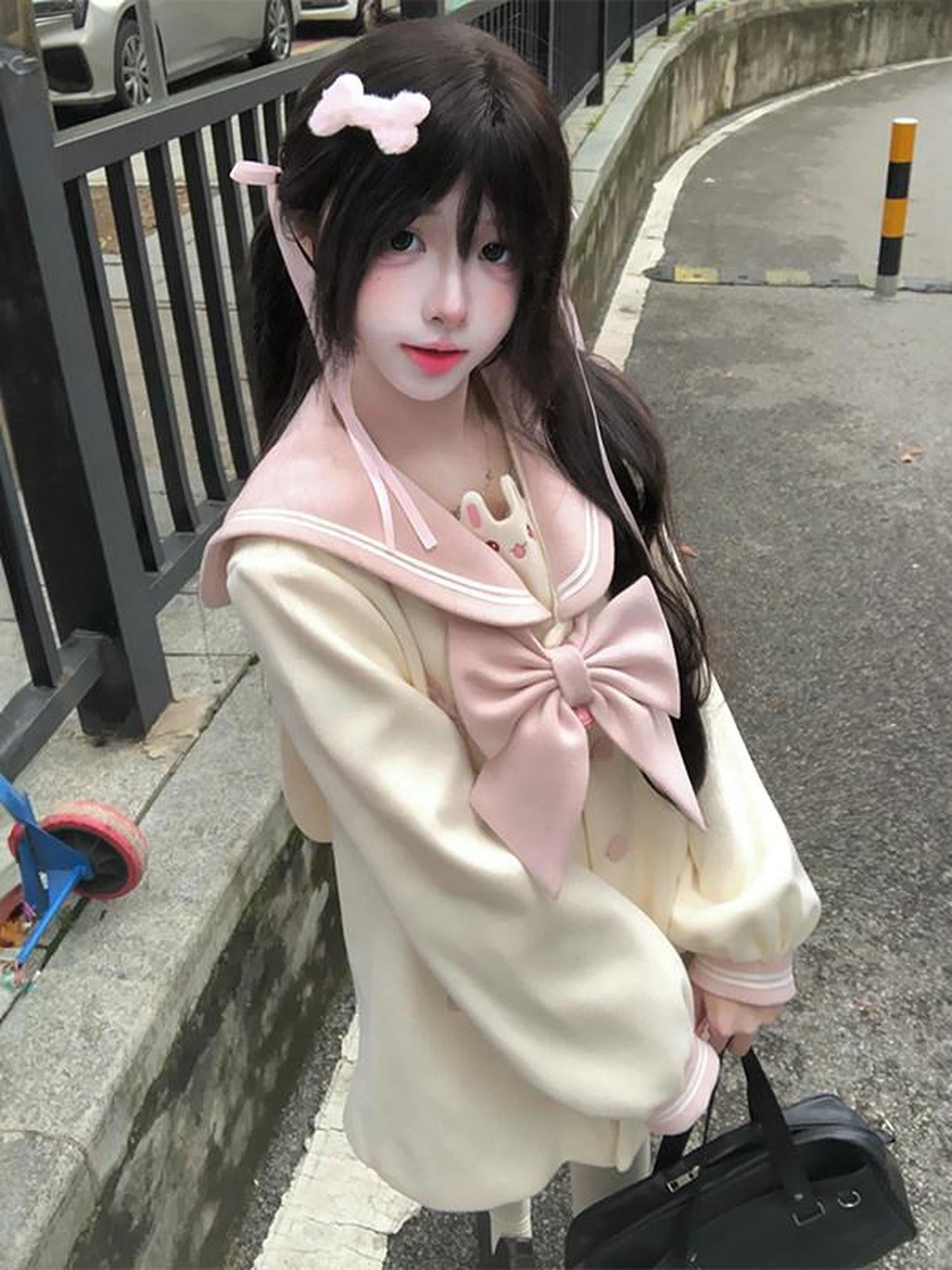 Sweet Kawaii JK Embroidered Thick Bunny Bell Bow Single Breasted Loose Women's Polyester Coats
