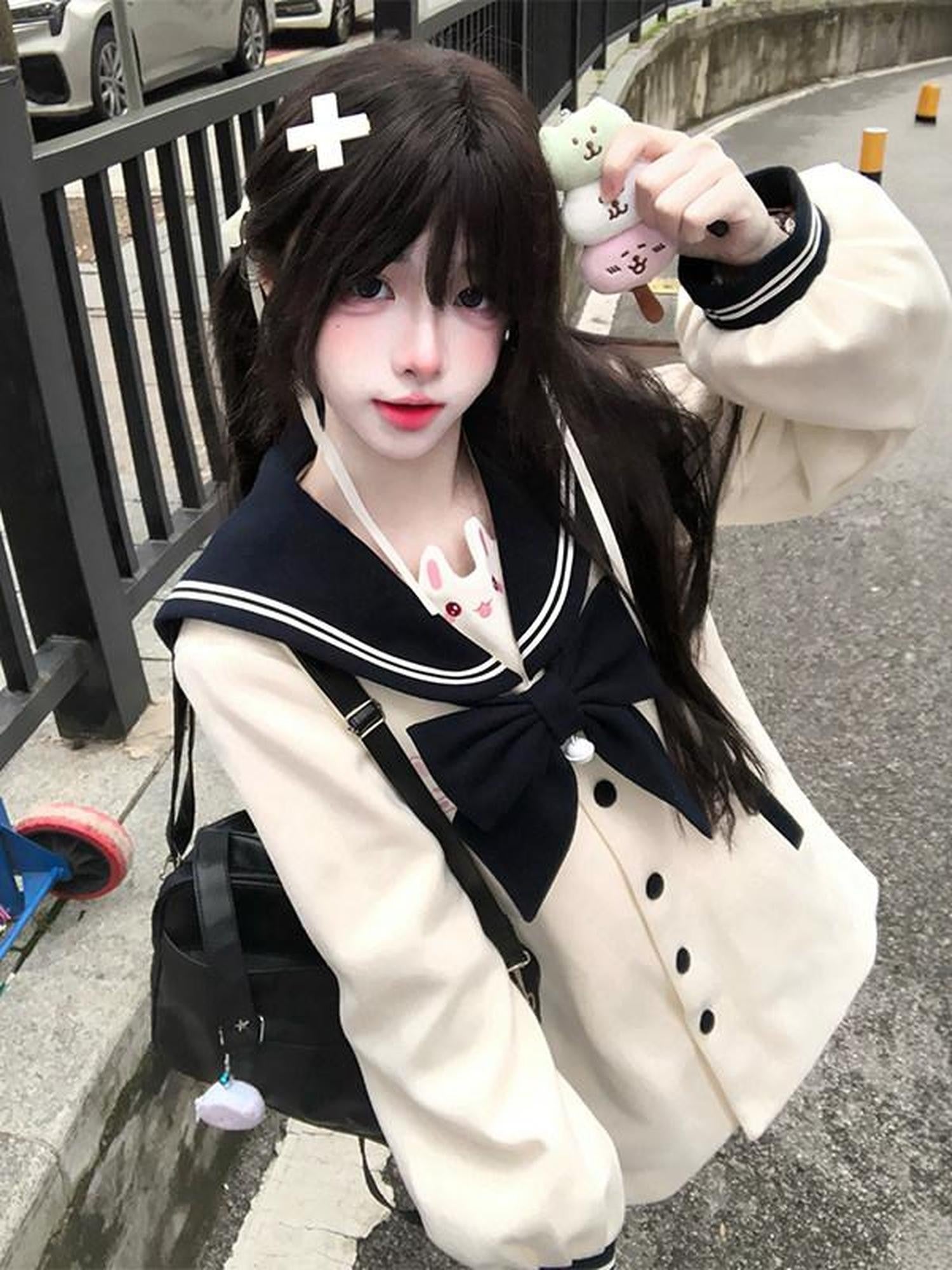 Sweet Kawaii JK Embroidered Thick Bunny Bell Bow Single Breasted Loose Women's Polyester Coats