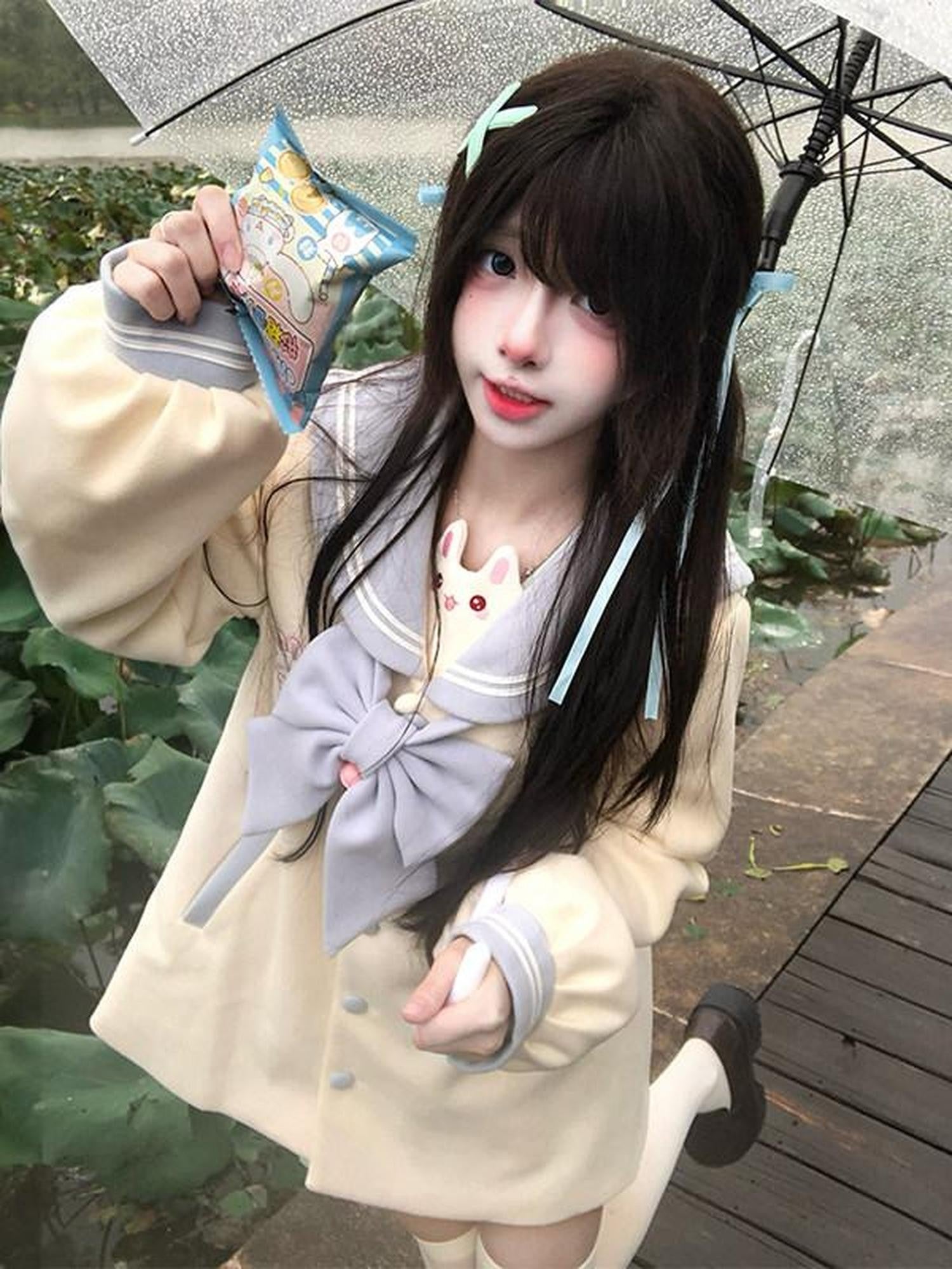 Sweet Kawaii JK Embroidered Thick Bunny Bell Bow Single Breasted Loose Women's Polyester Coats