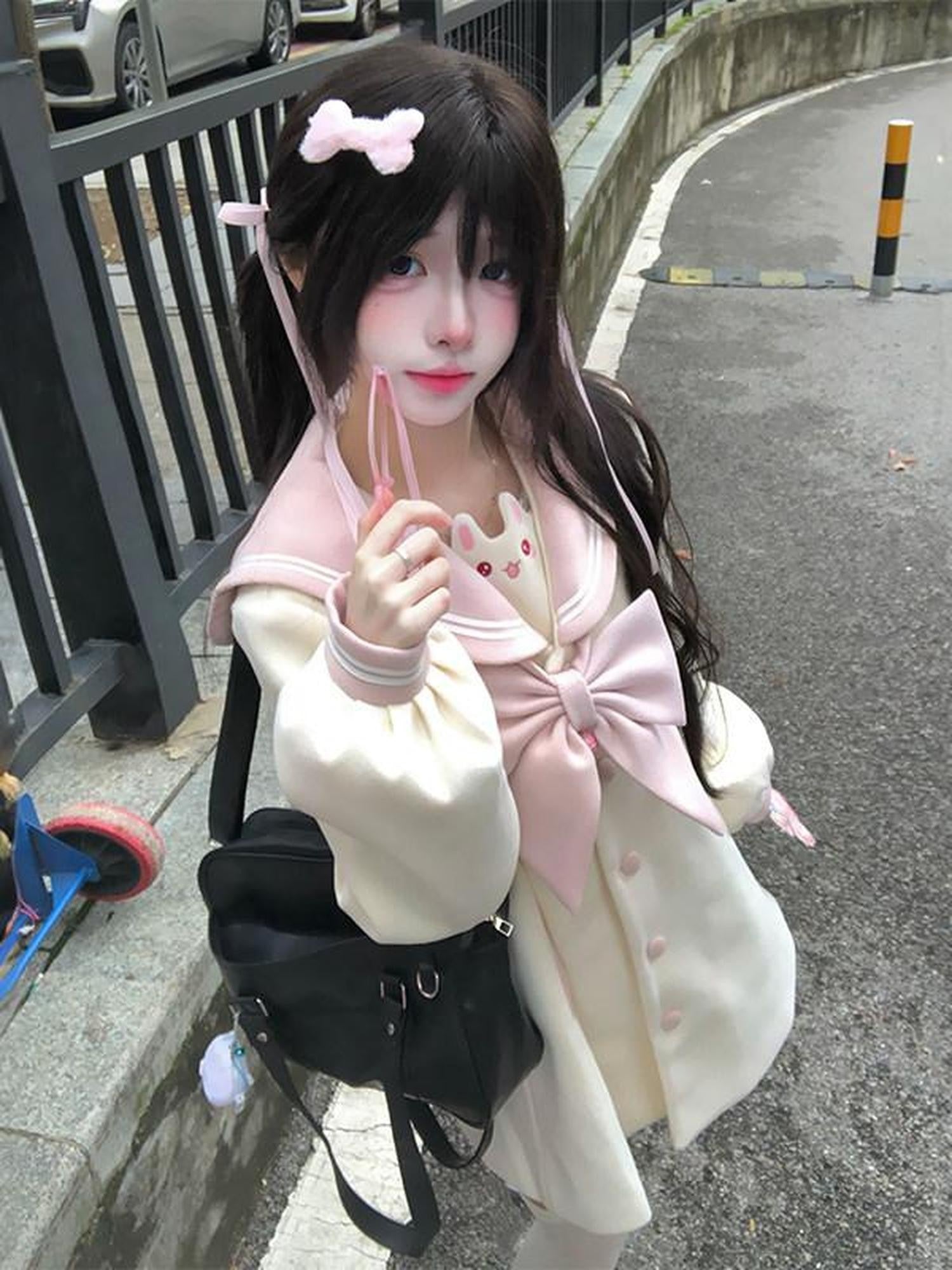 Sweet Kawaii JK Embroidered Thick Bunny Bell Bow Single Breasted Loose Women's Polyester Coats