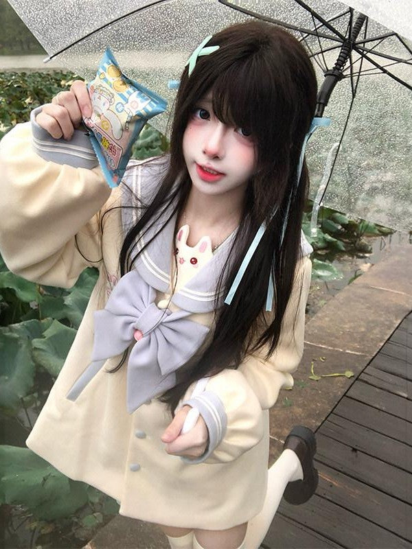 Sweet Kawaii JK Embroidered Thick Bunny Bell Bow Single Breasted Loose Women's Polyester Coats