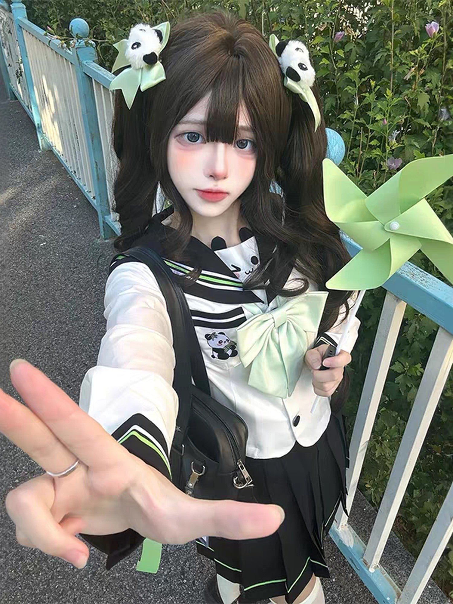 Sweet Kawaii JK Green Bamboo Cute Bear Print Sailor Jk Women's Polyester Skirt Sets