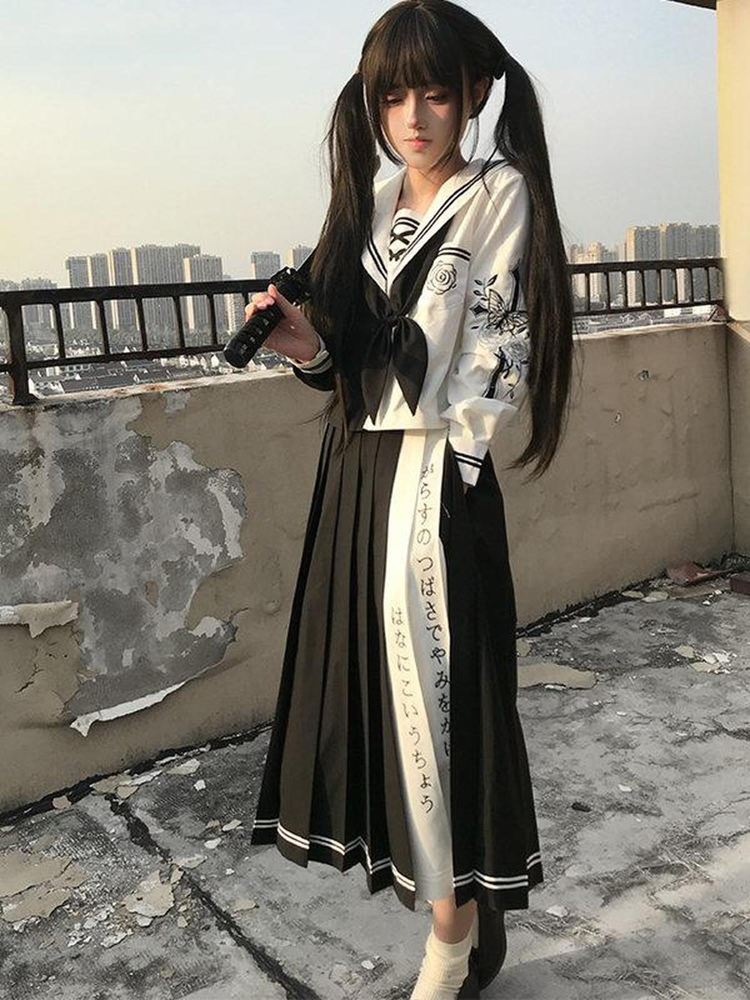 Sweet Kawaii JK Japanese Jk Sailor Long Sleeve Turn Down Collar Women's Polyester Skirt Sets