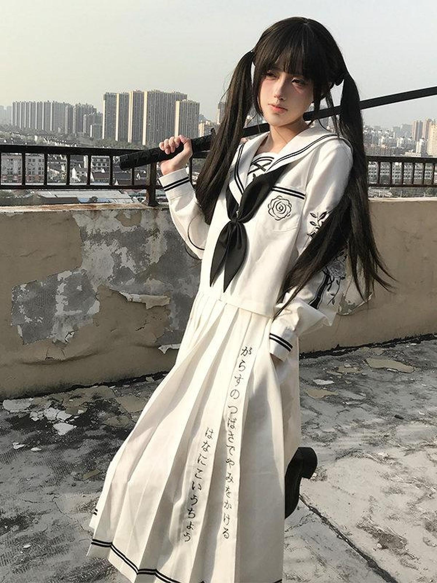 Sweet Kawaii JK Japanese Jk Sailor Long Sleeve Turn Down Collar Women's Polyester Skirt Sets