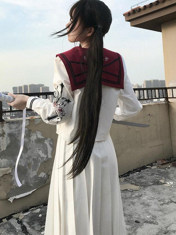 Sweet Kawaii JK Japanese Rose Sailor Collar Long Sleeve Women's Polyester Skirt Sets