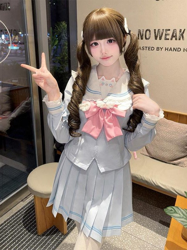 Sweet Kawaii JK Japanese Sailor Pleated Fitted Waist Women's Polyester Skirt Sets