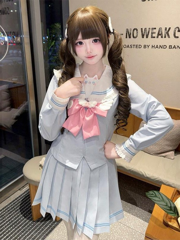 Sweet Kawaii JK Japanese Sailor Pleated Fitted Waist Women's Polyester Skirt Sets