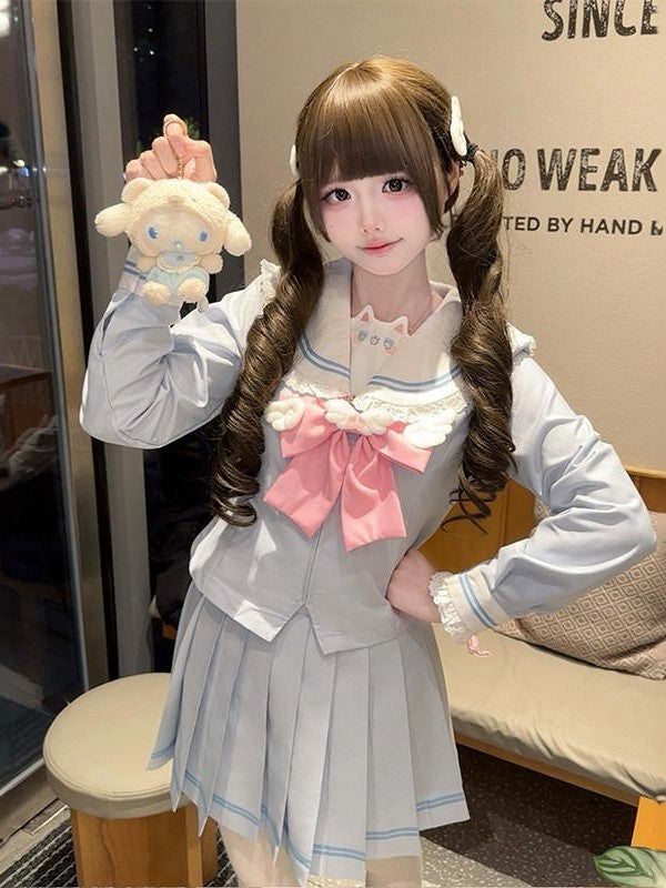 Sweet Kawaii JK Japanese Sailor Pleated Fitted Waist Women's Polyester Skirt Sets
