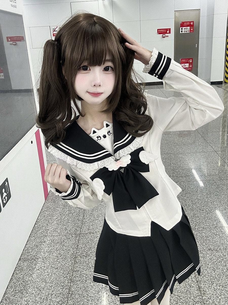 Sweet Kawaii JK Japanese Sailor Pleated Fitted Waist Women's Polyester Skirt Sets