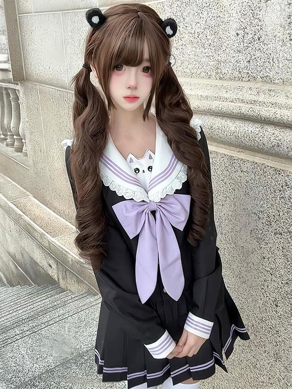 Sweet Kawaii JK Japanese School Sailor Collar Cinched Waist Bow Women's Polyester Skirt Sets