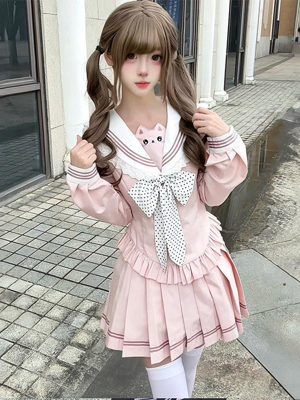 Sweet Kawaii JK Japanese School Sailor Collar Cinched Waist Bow Women's Polyester Skirt Sets