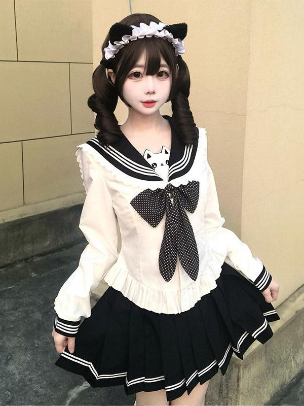 Sweet Kawaii JK Japanese School Sailor Collar Cinched Waist Bow Women's Polyester Skirt Sets