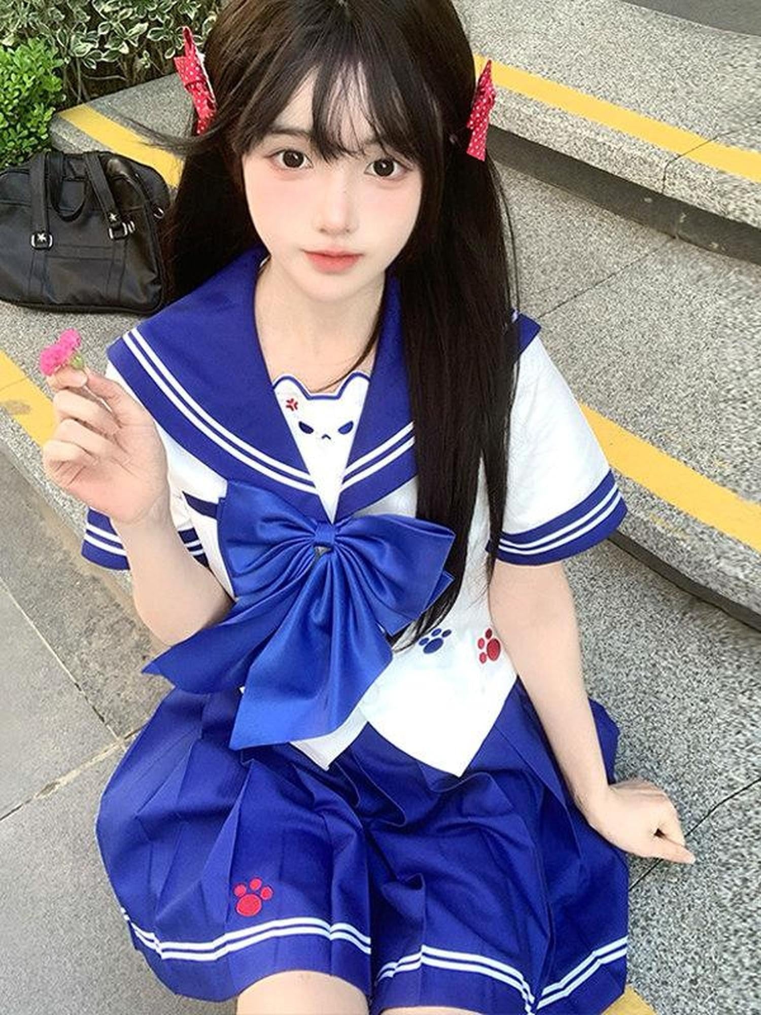 Sweet Kawaii JK Japanese School Sailor Collar Waist Cinched Polyester Women's Skirt Sets