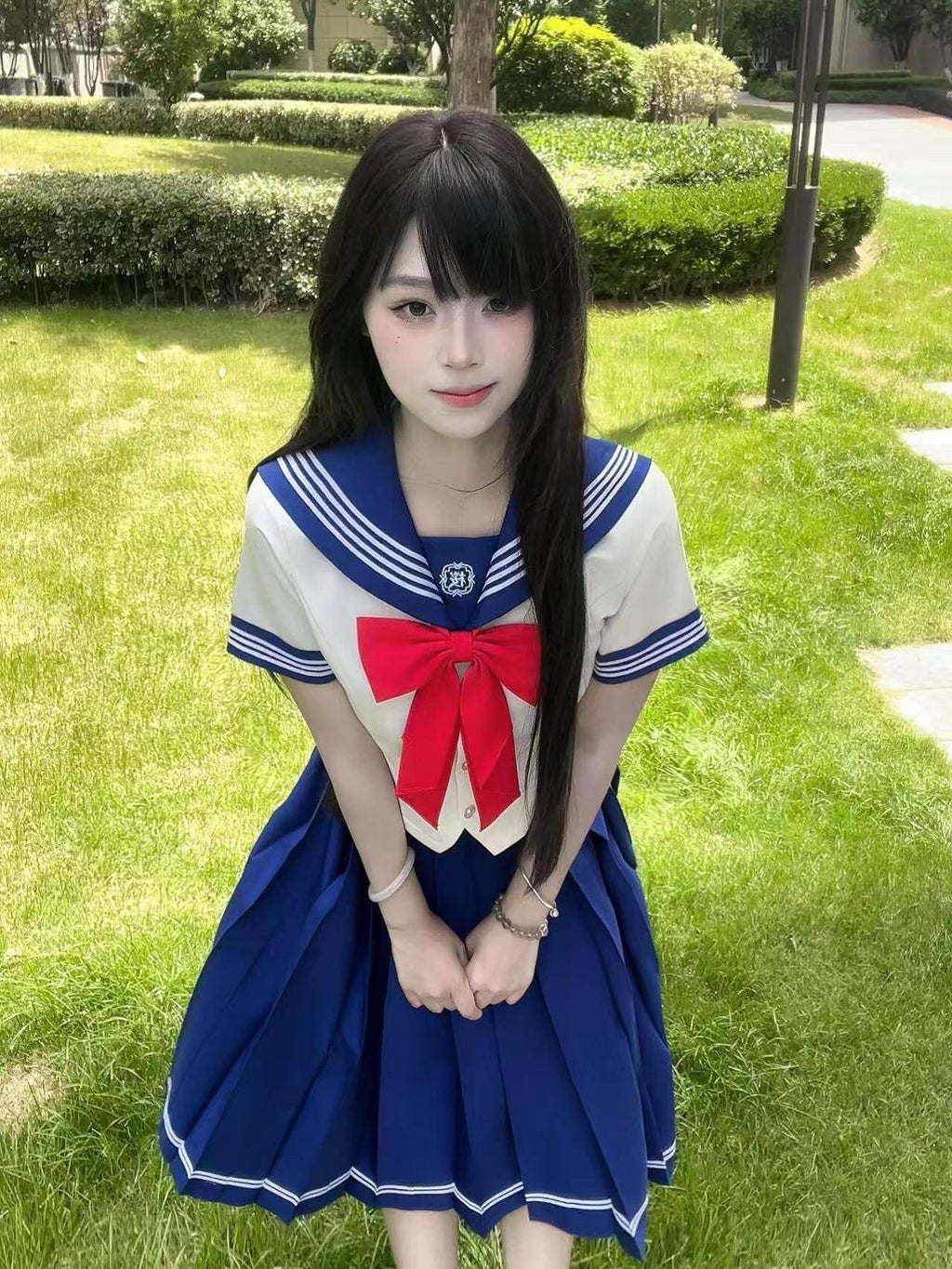 Sweet Kawaii JK Japanese Waist Cinched Sailor Short Sleeve Bow Women's Polyester Skirt Sets