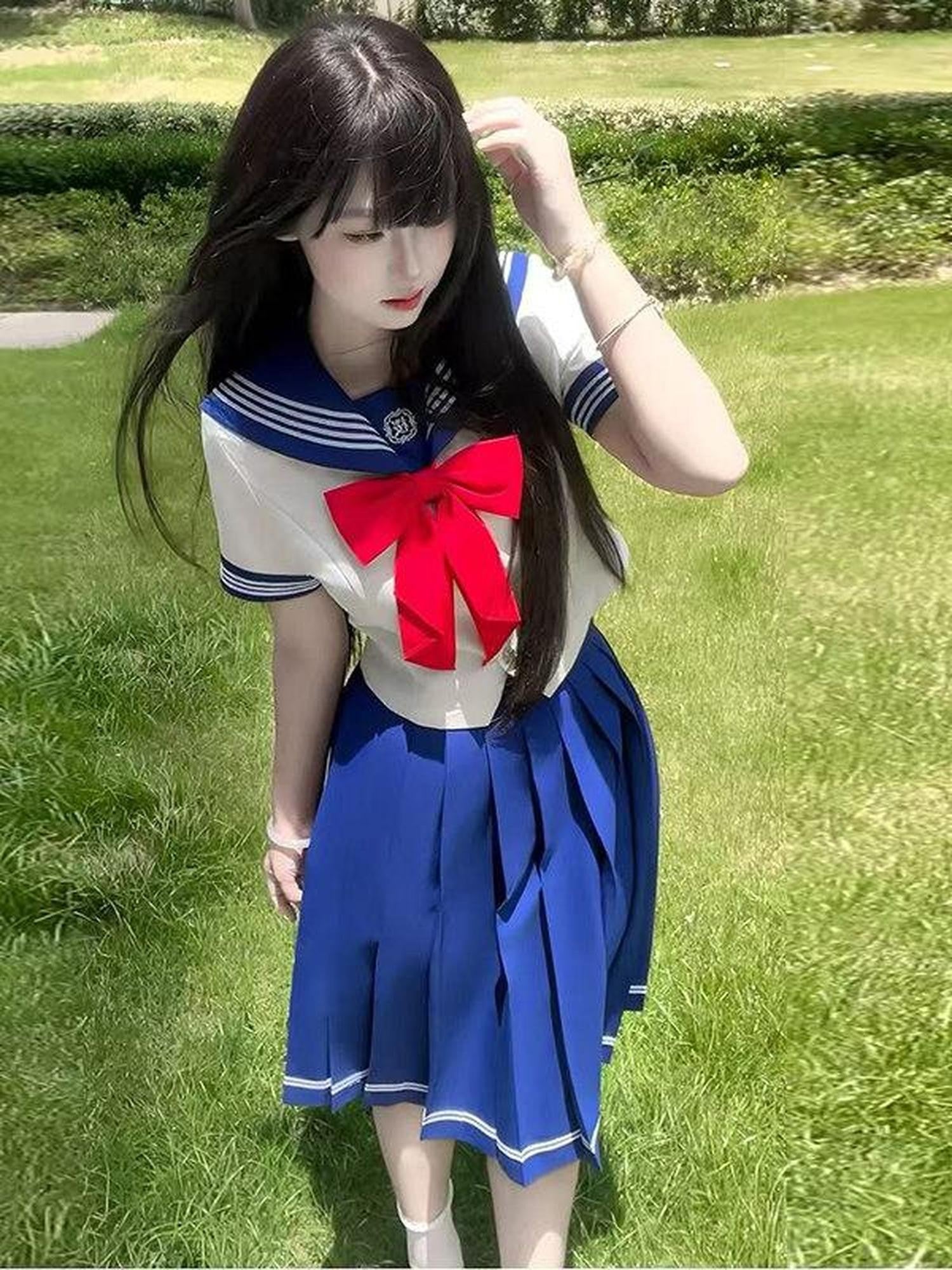 Sweet Kawaii JK Japanese Waist Cinched Sailor Short Sleeve Bow Women's Polyester Skirt Sets