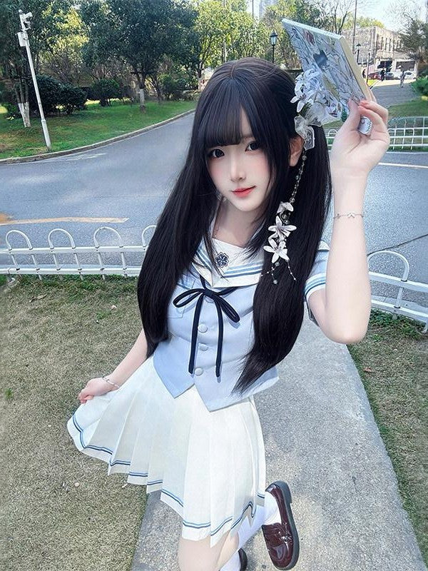 Sweet Kawaii JK Japanese Waist Cinched Sailor Short Sleeve Women's Polyester Skirt Sets