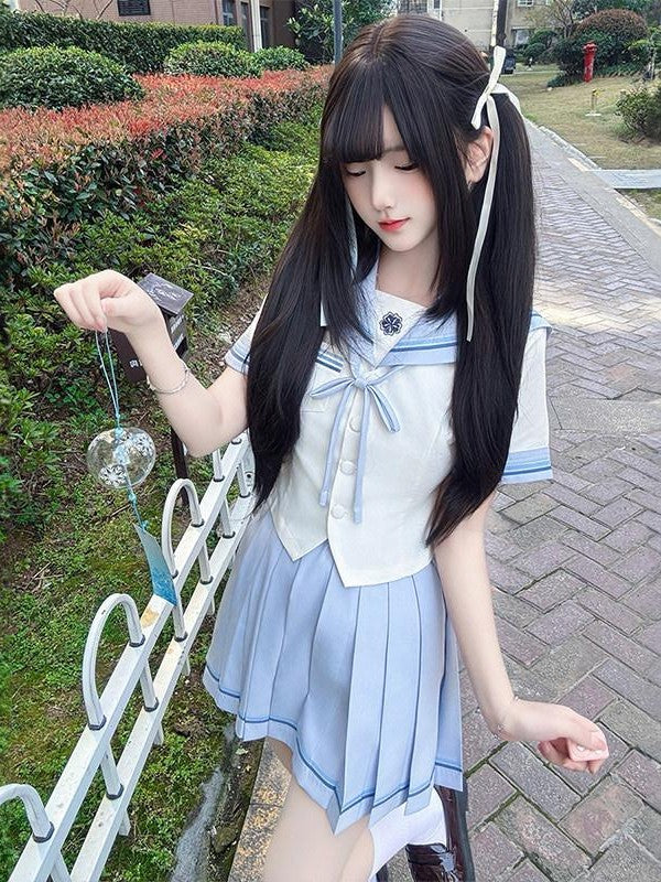 Sweet Kawaii JK Japanese Waist Cinched Sailor Short Sleeve Women's Polyester Skirt Sets