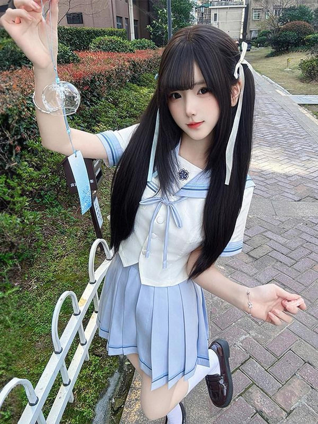 Sweet Kawaii JK Japanese Waist Cinched Short Sleeve Sailor Collar Women's Polyester Skirt Sets