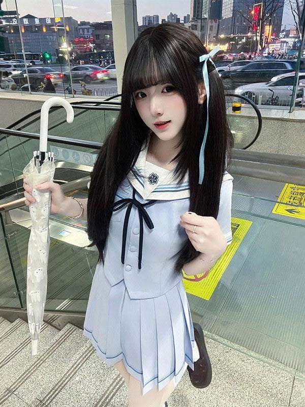 Sweet Kawaii JK Japanese Waist Cinched Short Sleeve Sailor Collar Women's Polyester Skirt Sets