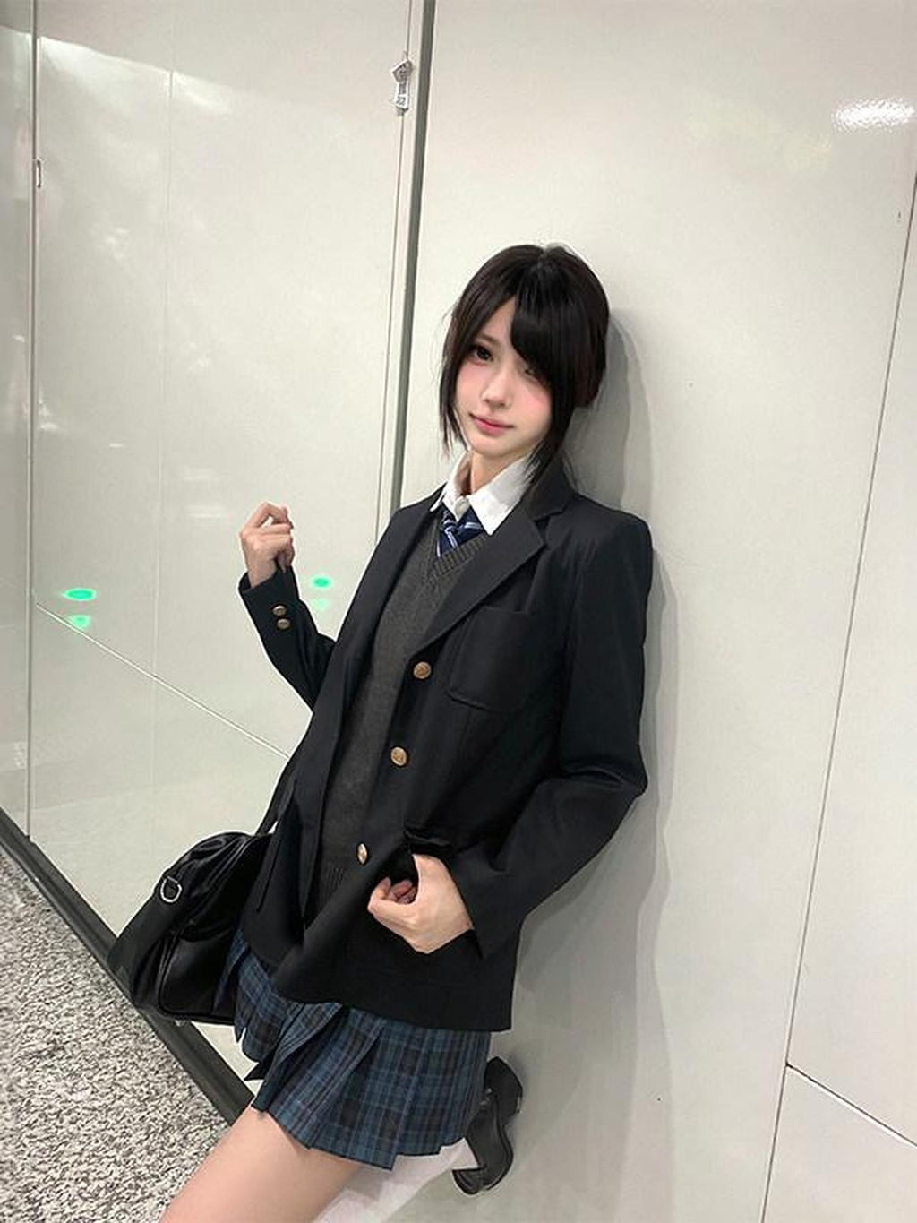 Sweet Kawaii JK Jk Plaid Layered Vest Blazer Long Sleeve Shirt Tie Women's Polyester Skirt Sets